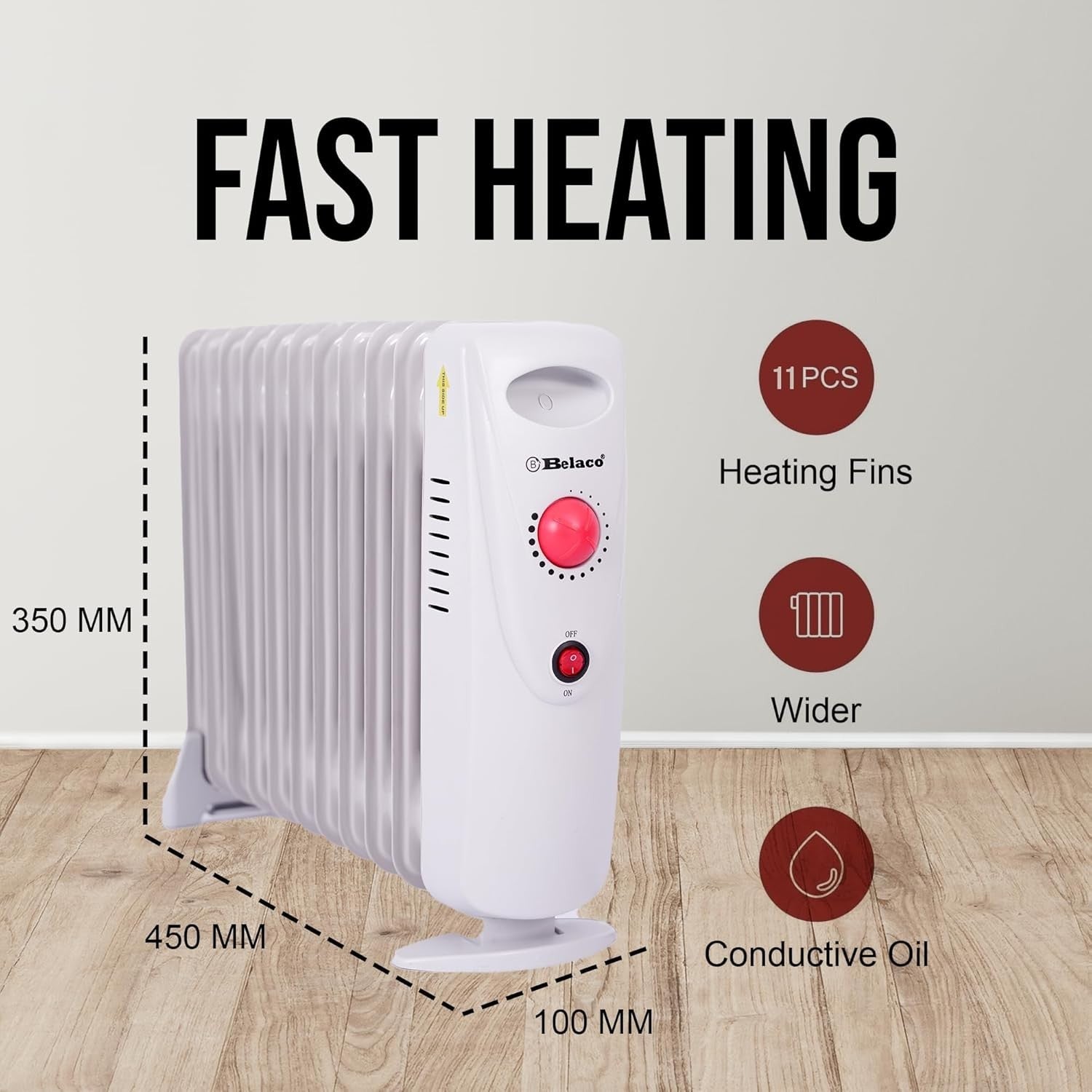 1200W Mini Oil Filled Radiator 11 Fin Portable Electric Heater White
