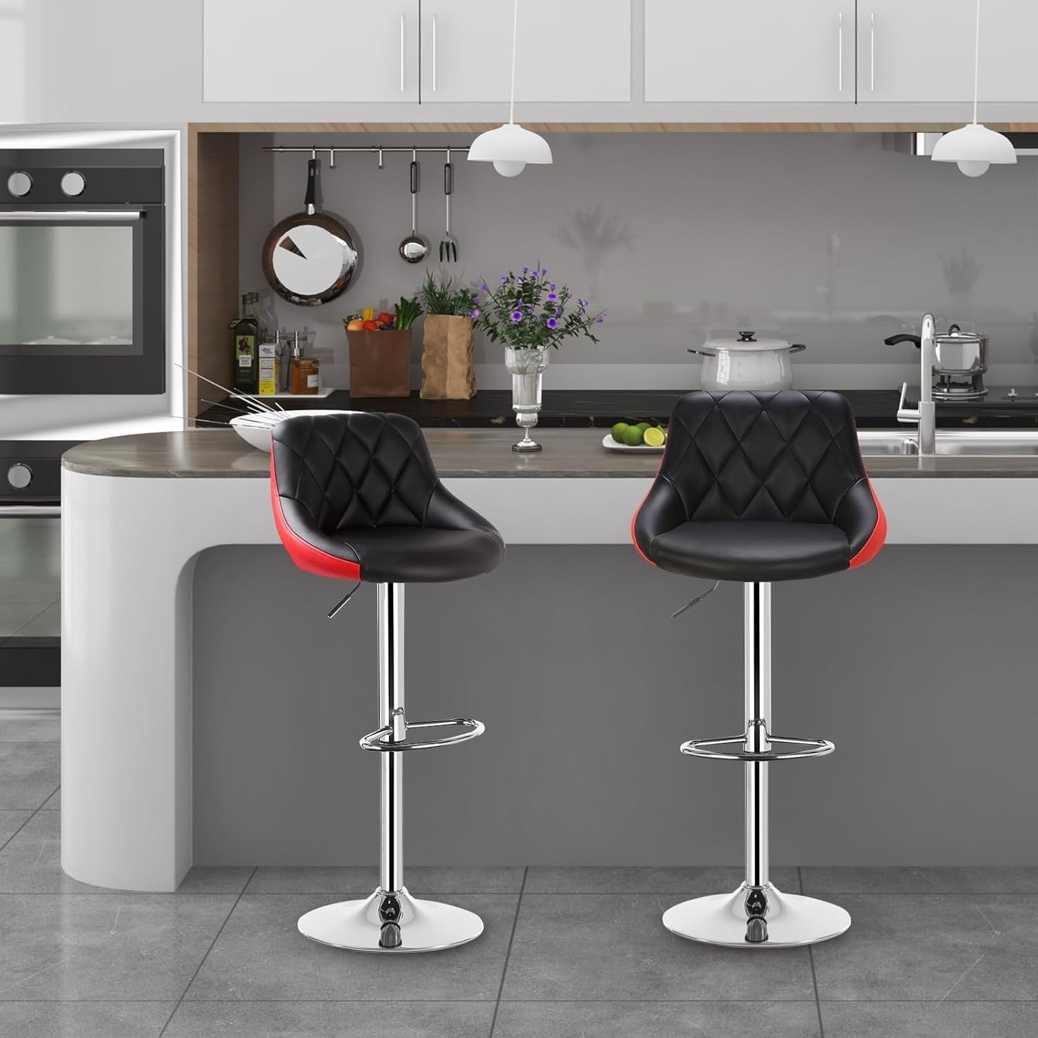Black+Red Swivel Bar Stool – Adjustable PU Leather Seat with Footrest