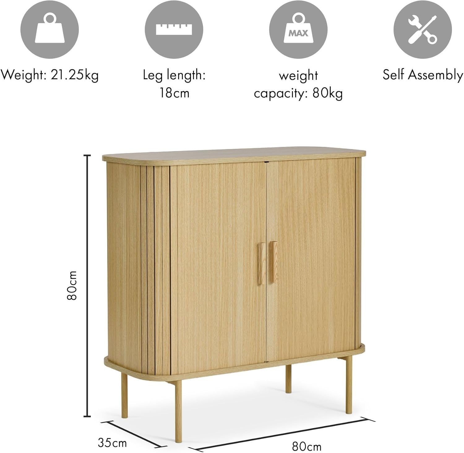 Modern Scandinavian Tambour Sideboard Cabinet with Sliding Doors & Shelves
