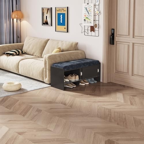 Blue Velvet Shoe Storage Bench with Cabinet – Modern Hallway Ottoman Seat