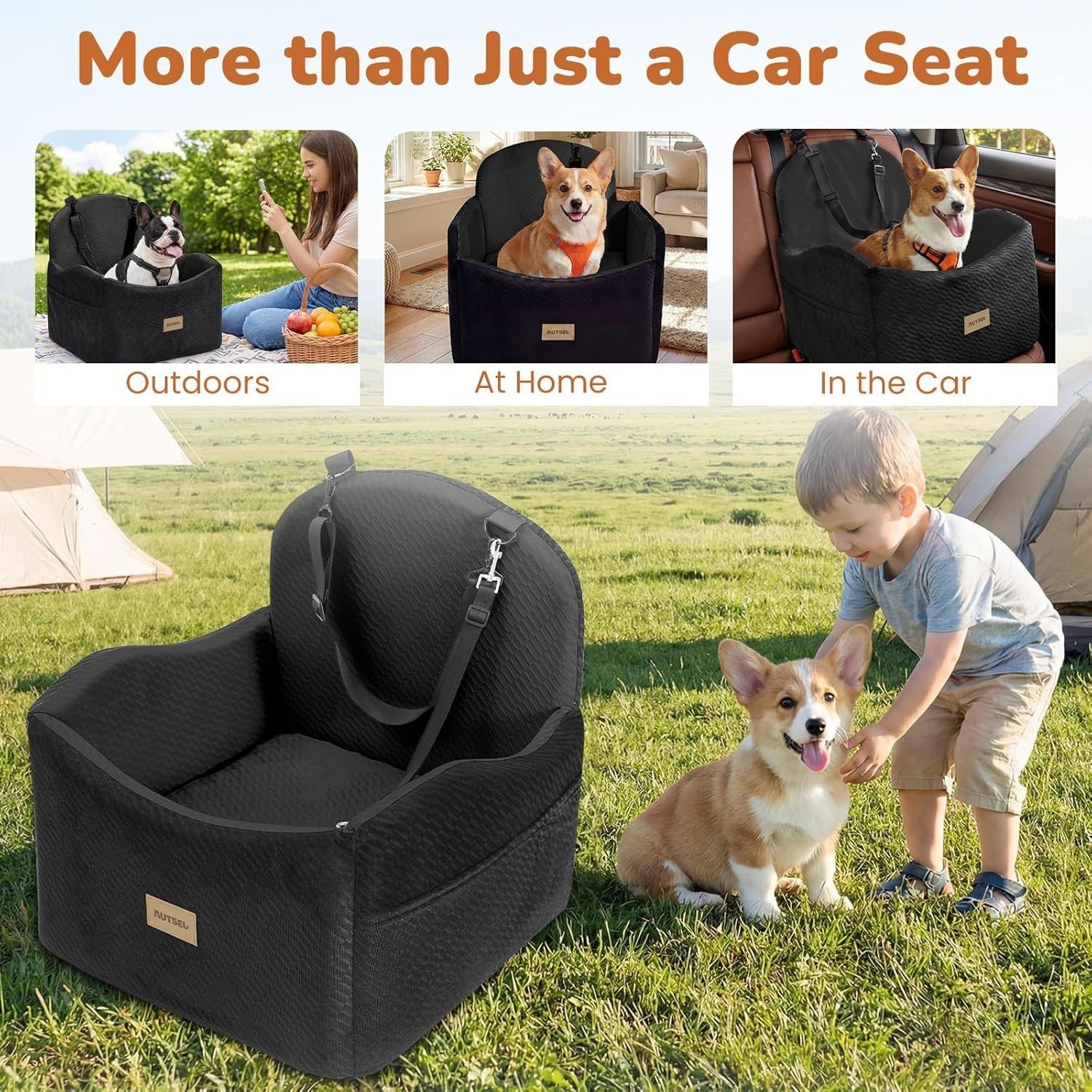 Dog Booster Car Seat Washable Travel Bed Safety Leash 40lb Black