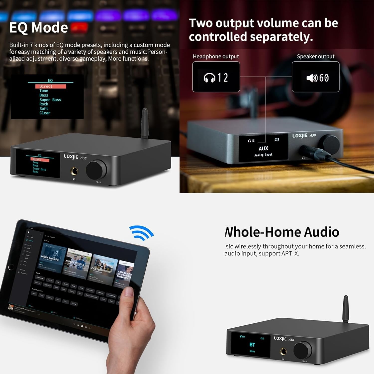 A30 Class D Home Audio Amplifier DAC HiFi EQ Mode USB BT5.0 Headphone/Sub Out
