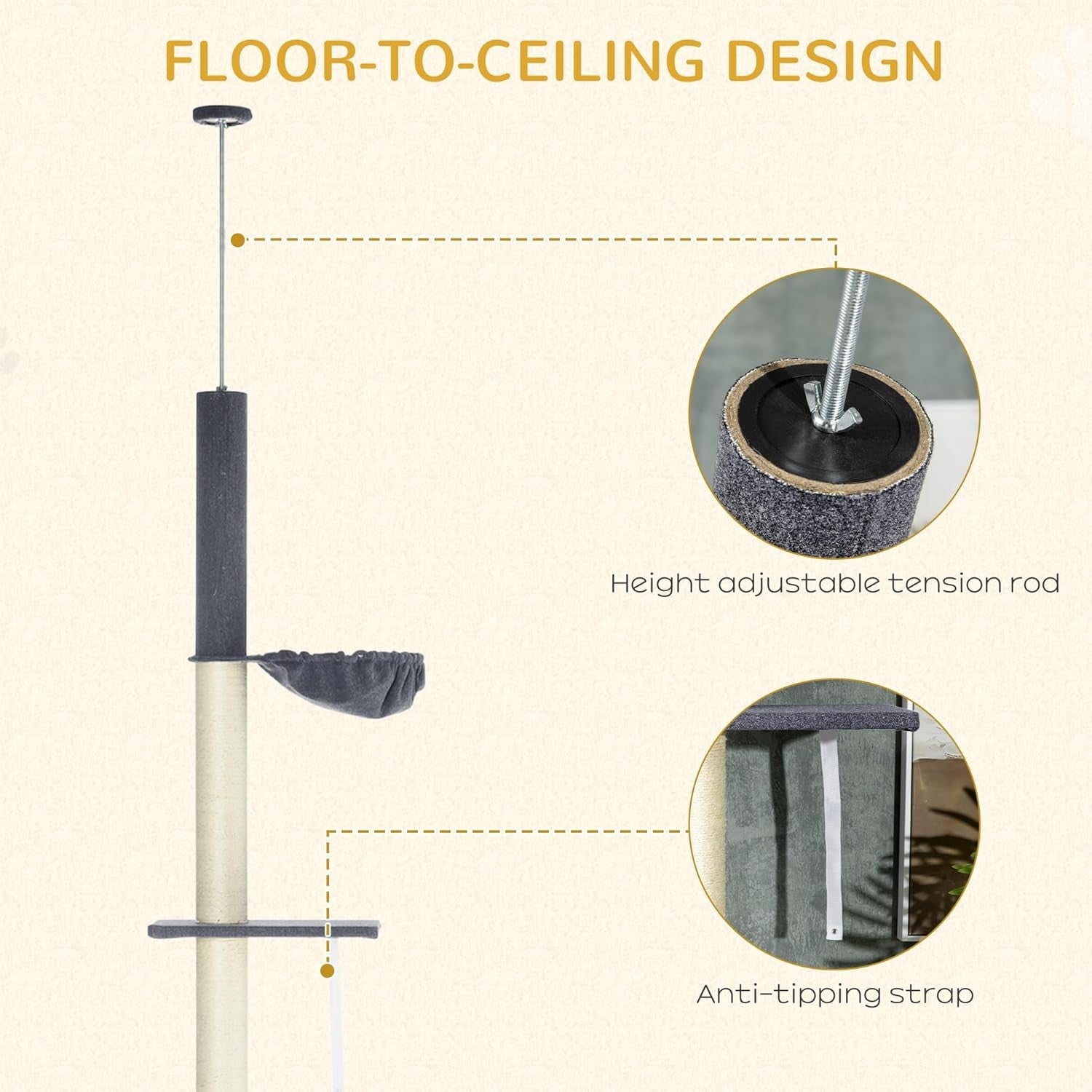 Floor to Ceiling Cat Tree 5 Tier Adjustable Climbing Tower with Hammock