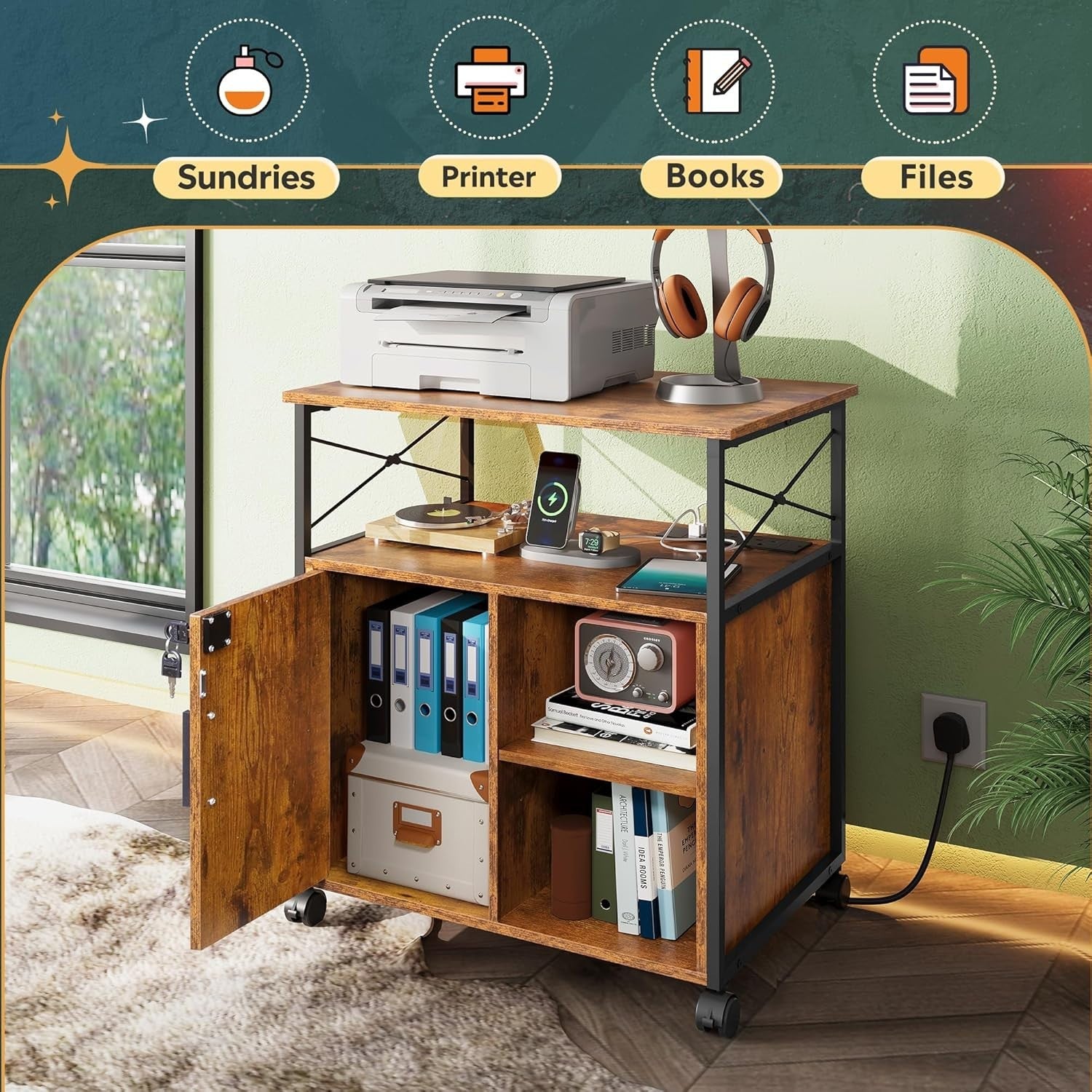 Mobile File Cabinet with Power Outlets Lockable Printer Stand 66cm