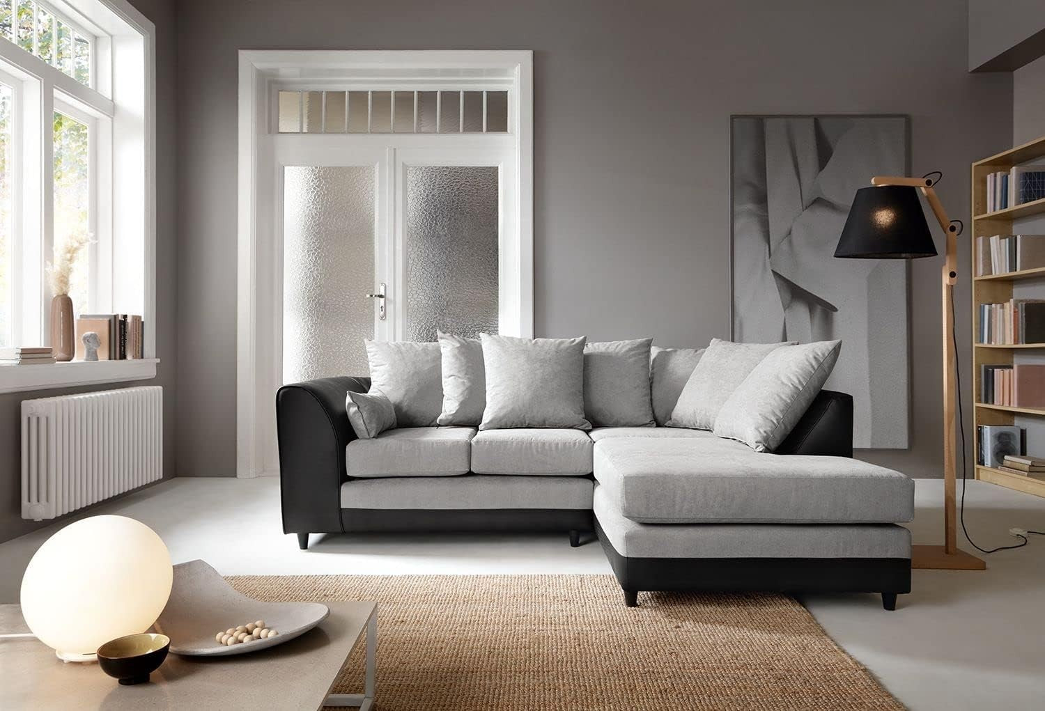Modern Black L-Shaped Corner Sofa Sectional with Faux Leather & Chenille Comfort