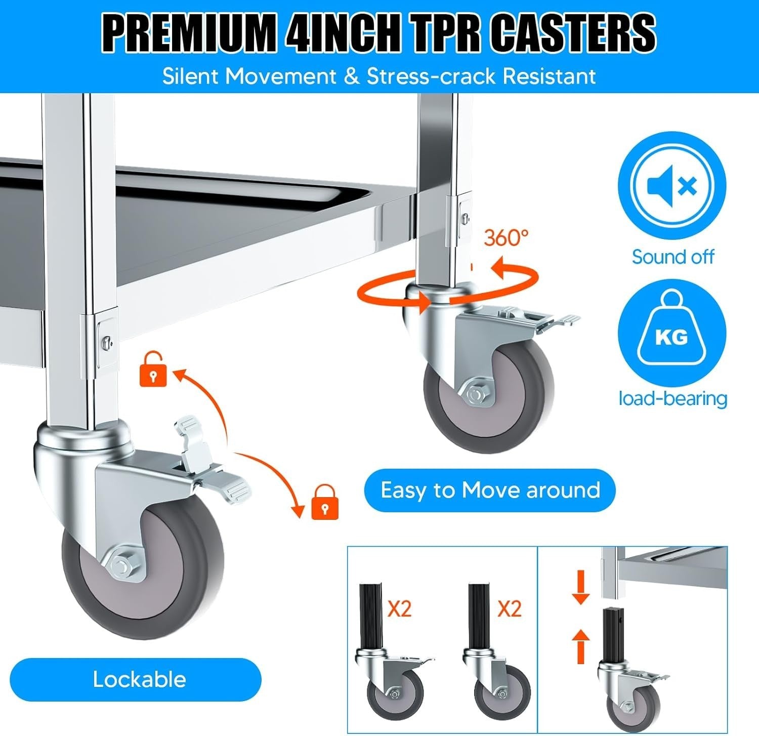 3 Tier Stainless Steel Catering Trolley Rolling Utility Cart Large