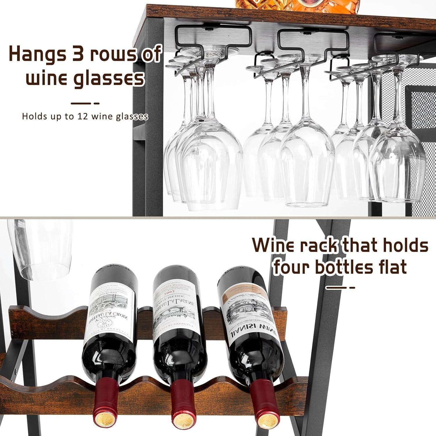 Freestanding Home Bar Liquor Rack with Glass Holder, 3-Tier Wine Display Shelf