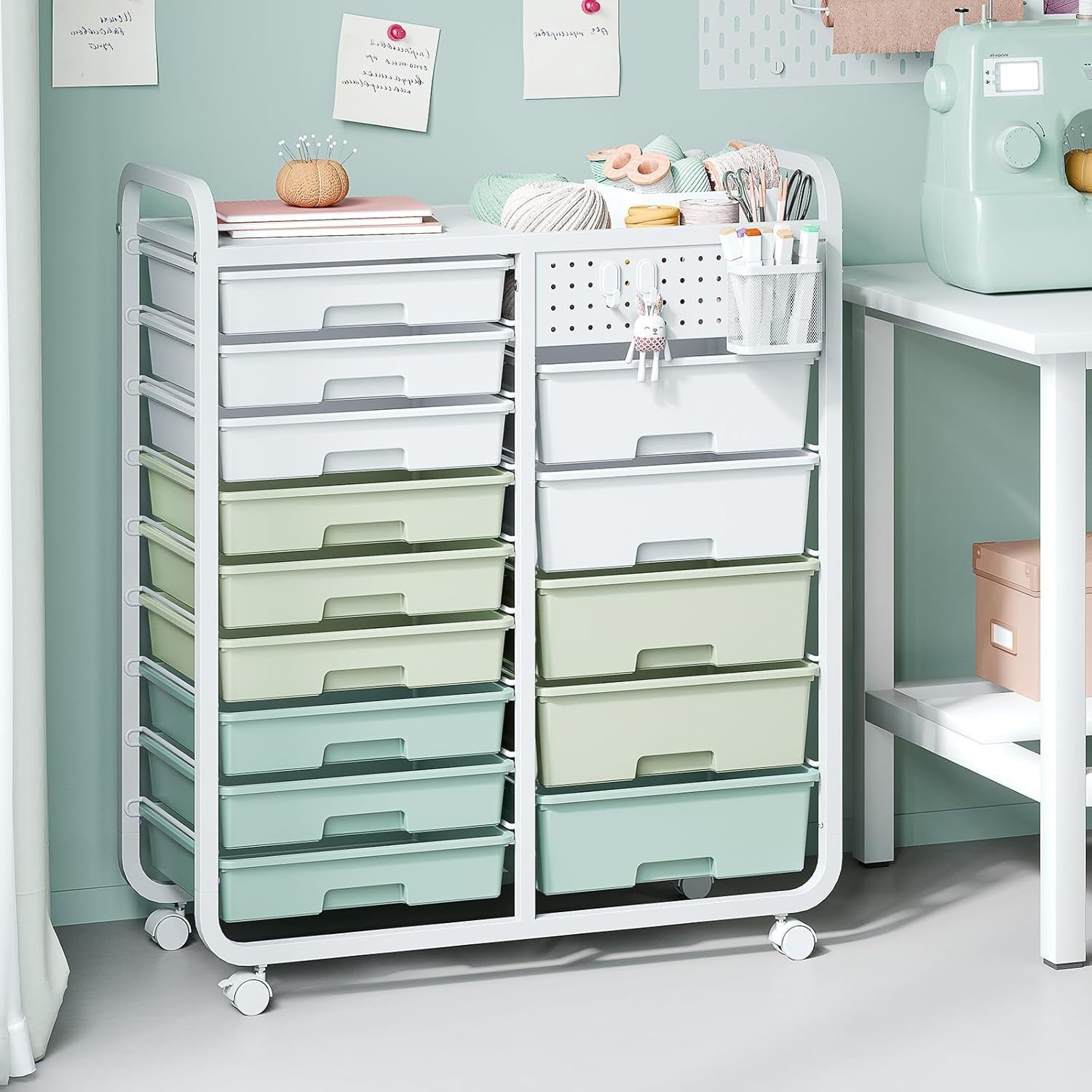 14 Drawer Craft Storage Cart Rolling Organizer with Pegboard Green