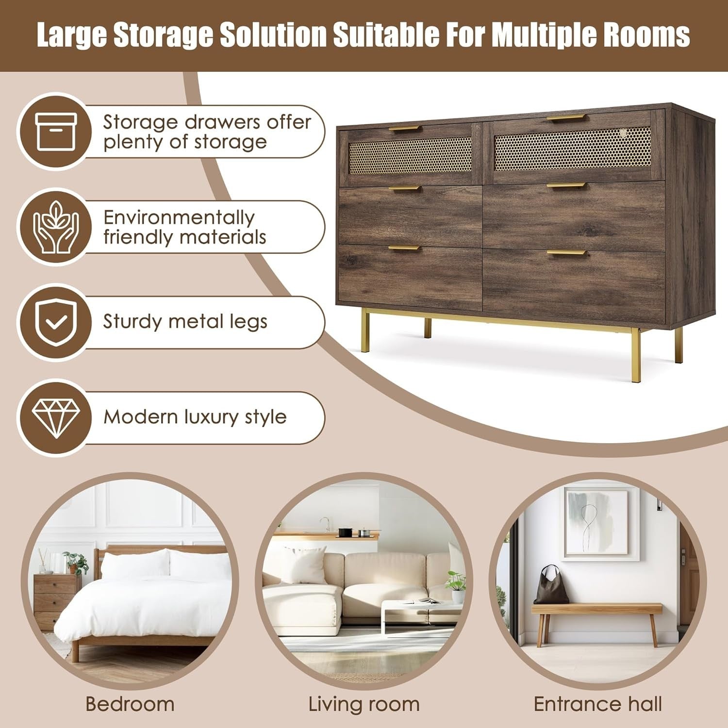Wood Sideboard Cabinet 120cm 6 Drawer Storage Unit Metal Legs Modern Hallway