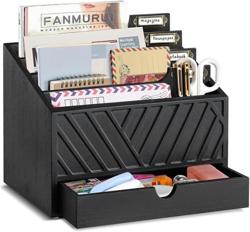 Wooden Desk Organizer Mail Sorter with Drawer | File Holder & Storage Box