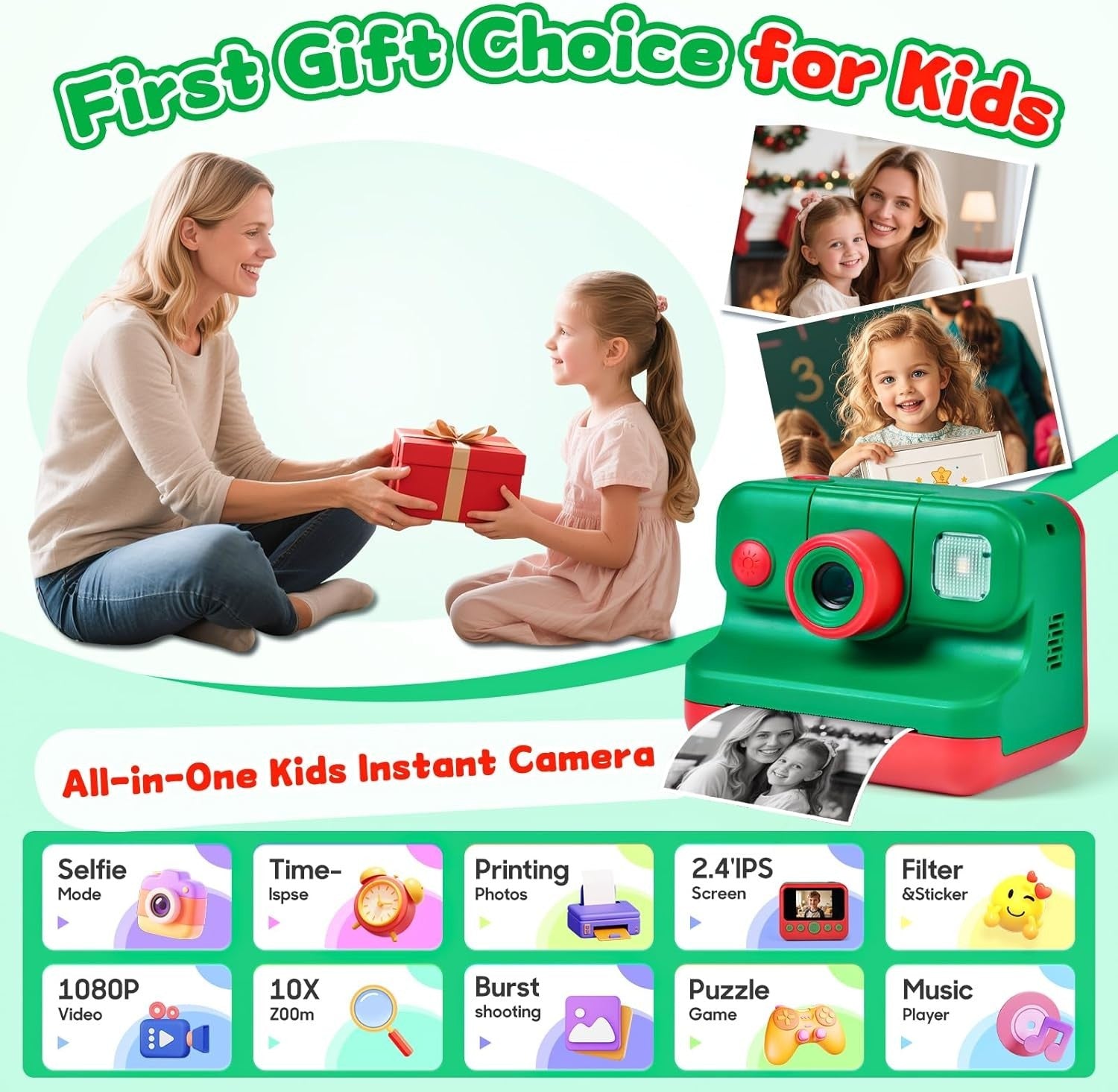 Kids Instant Print Camera 30MP 1080P HD Digital Camera 32GB Card Toy