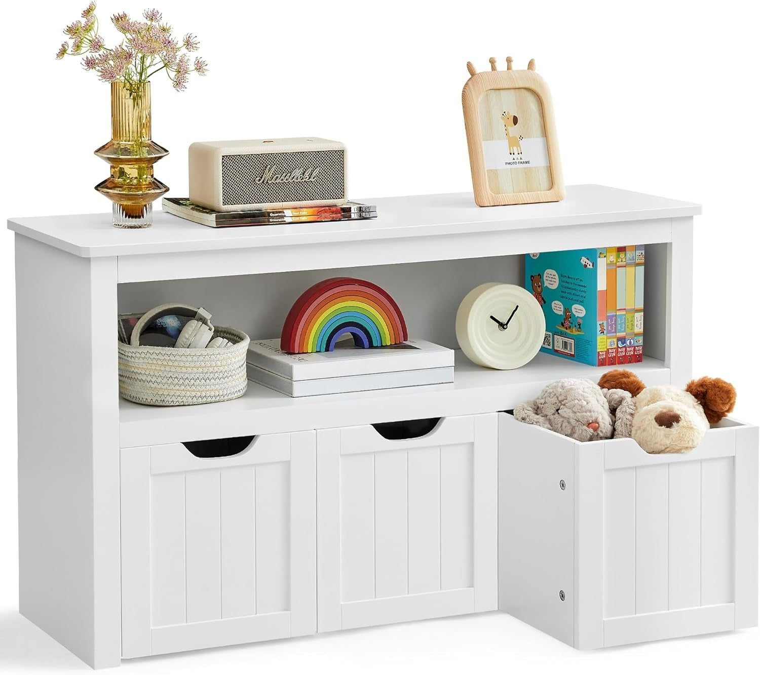 White Kids Toy Storage Cabinet with Wheels – 3 Drawer Bookcase Unit