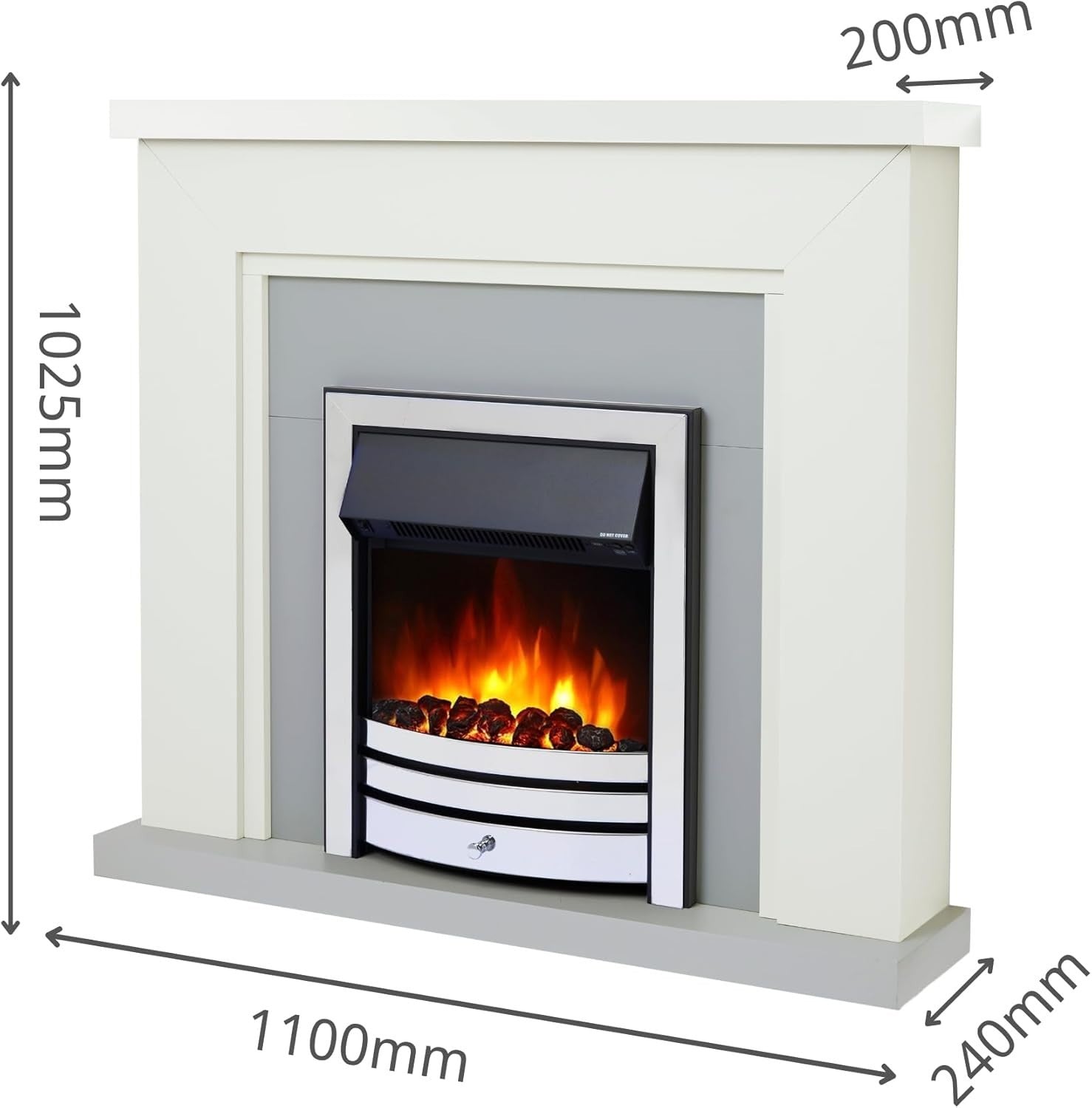 Electric Fireplace Suite 42" LED Remote Fire Grey Chrome White Surround