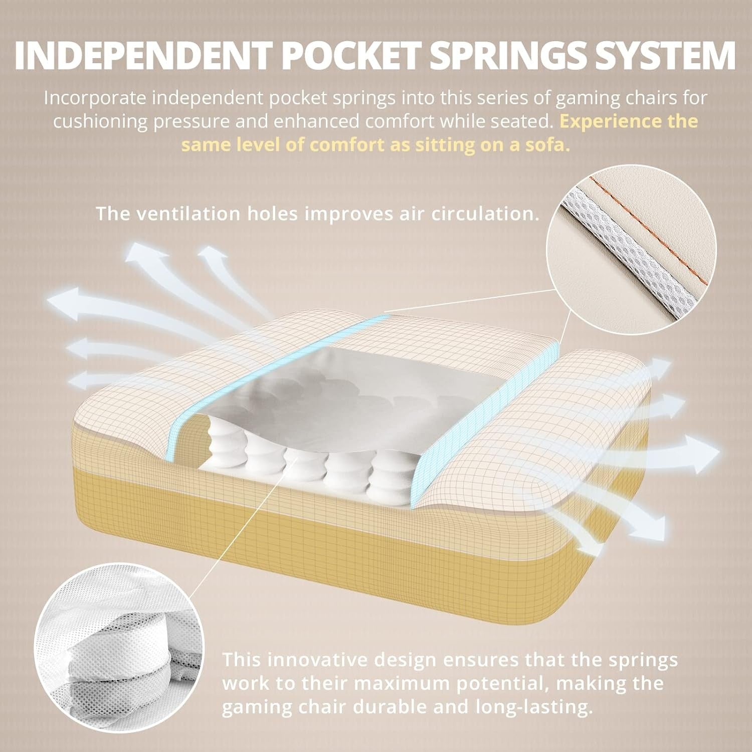 Gaming Chair Pocket Spring Cushion Massage Lumbar Footrest White