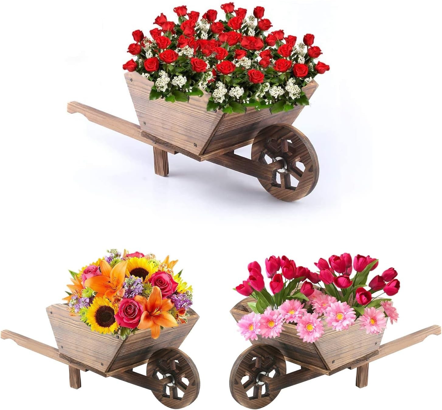 Wooden Wheelbarrow Planter – Rustic Garden Decor w/ Rotating Wheel Heavy Duty