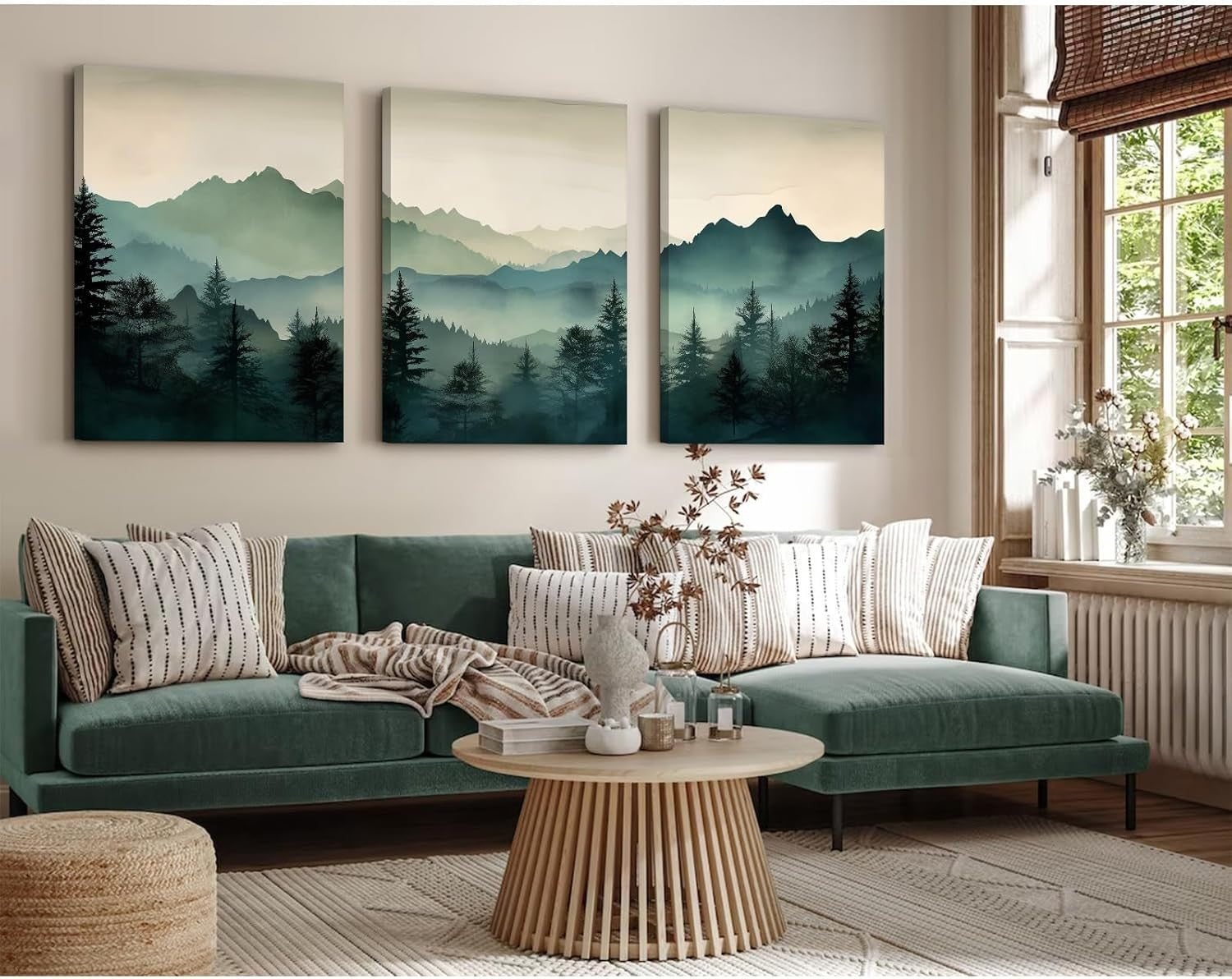 Sage Green Mountain Forest Wall Art Set of 3 Framed 12x16in