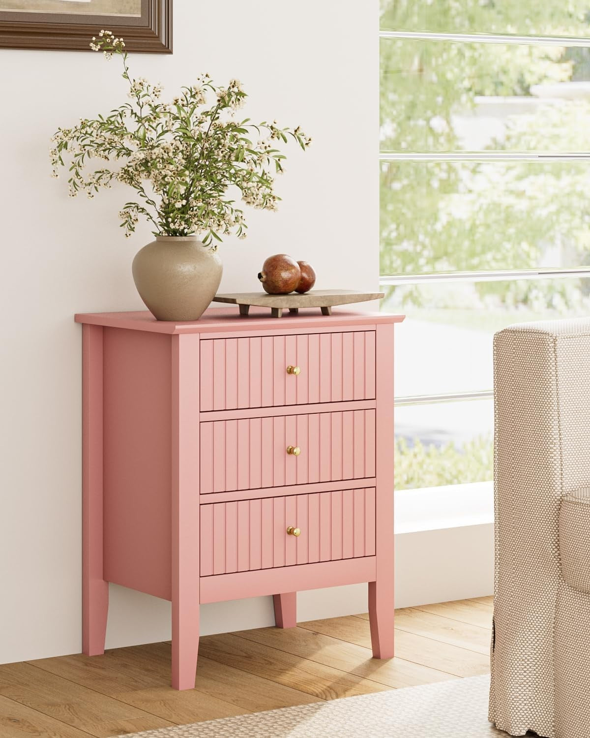 Modern Pink Bedside Table with 3 Drawers Wooden Nightstand Bedroom Storage