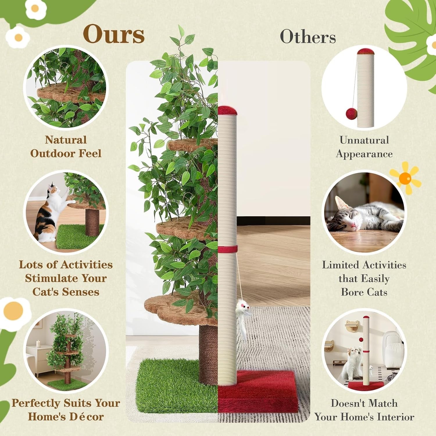 150cm Cat Tree Tower Scratching Post With Simulated Ficus Leaves Indoor