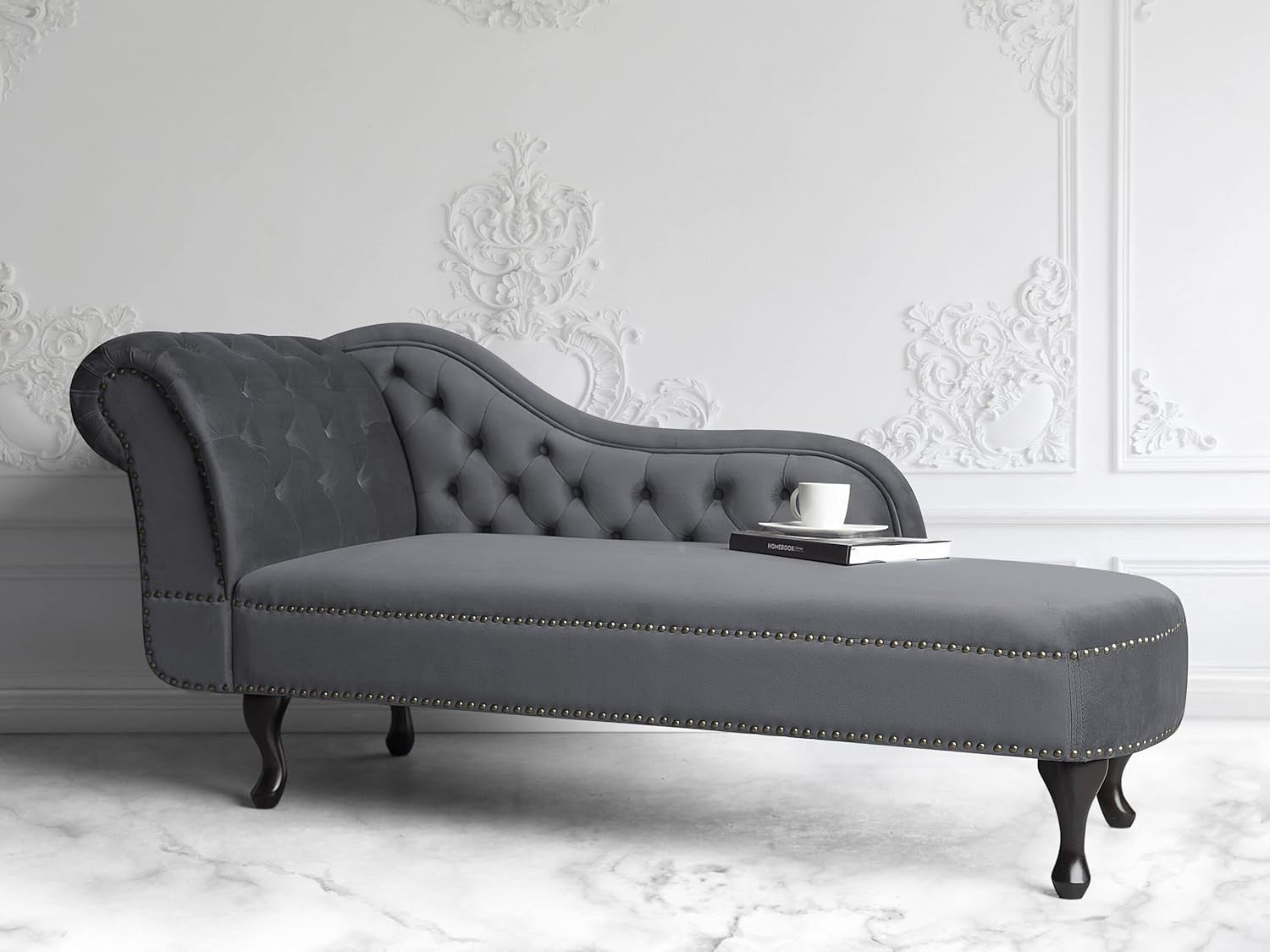 Vintage Velvet Left Hand Chaise Lounge Grey Chesterfield Sofa 170 cm Elegant
