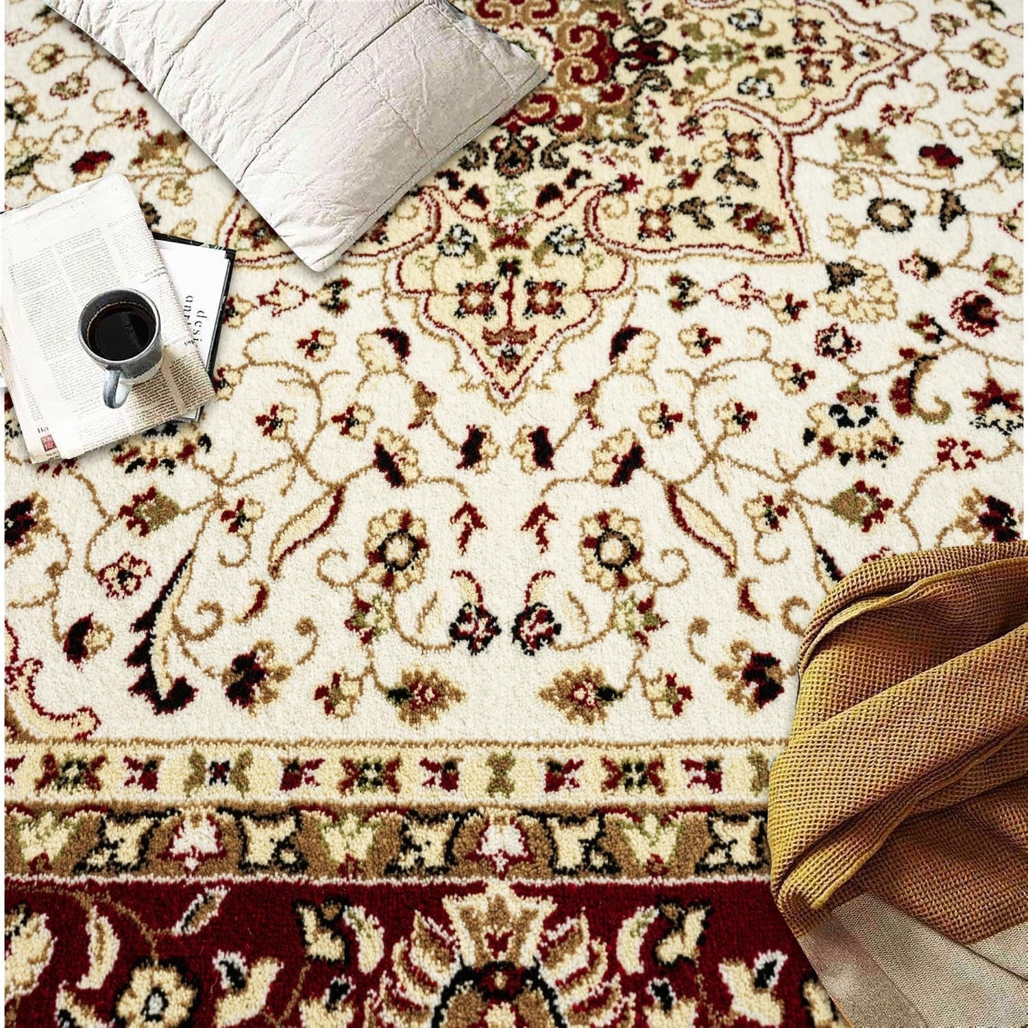 Cream Classic Floral Rug 160x230cm Heavyweight Non Slip Lounge Area Carpet