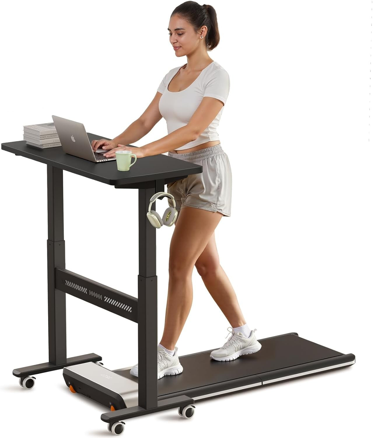 Black Mobile Standing Desk Walking Pad Compatible Adjustable Pneumatic Desk