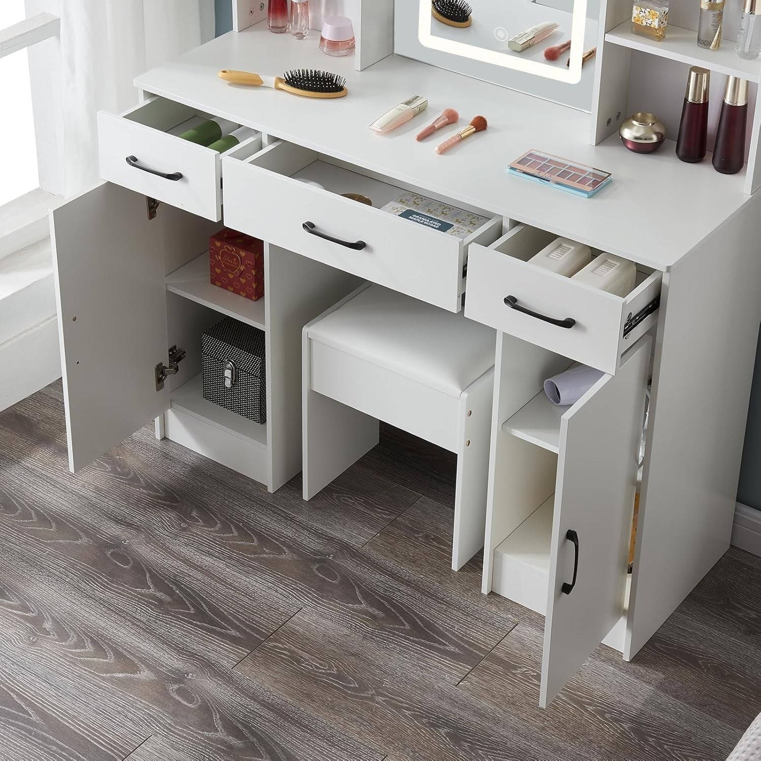 Vanity Makeup Dressing Table Desk Mirror 3 Drawers Stool LED Light White Wood