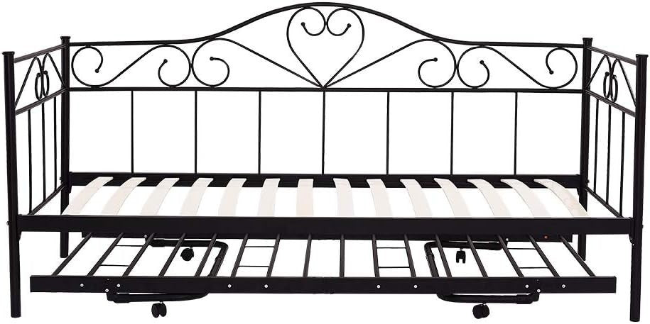 Metal Day Bed with Pull Out Trundle Frame Guest Sofa Bed Black 3FT Single