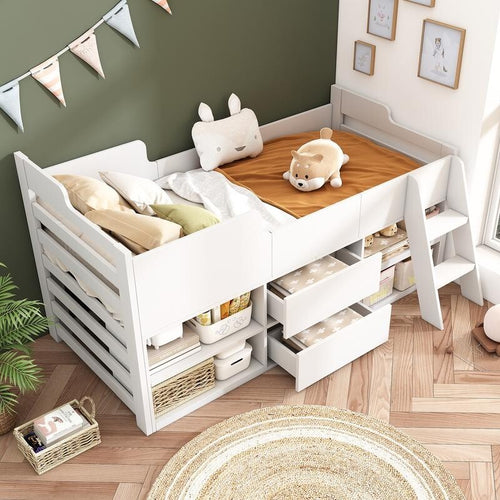 Kids Cabin Bed Mid Sleeper with Drawers Shelves Taupe 3FT Storage Wooden Frame