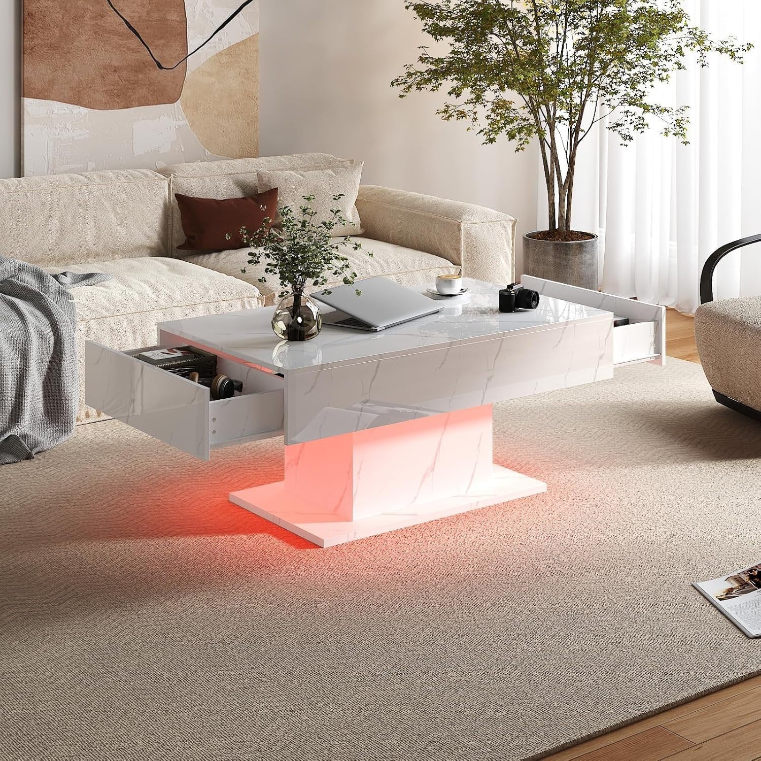 White Marble LED Coffee Table with 2 Drawers, High Gloss 110x55cm