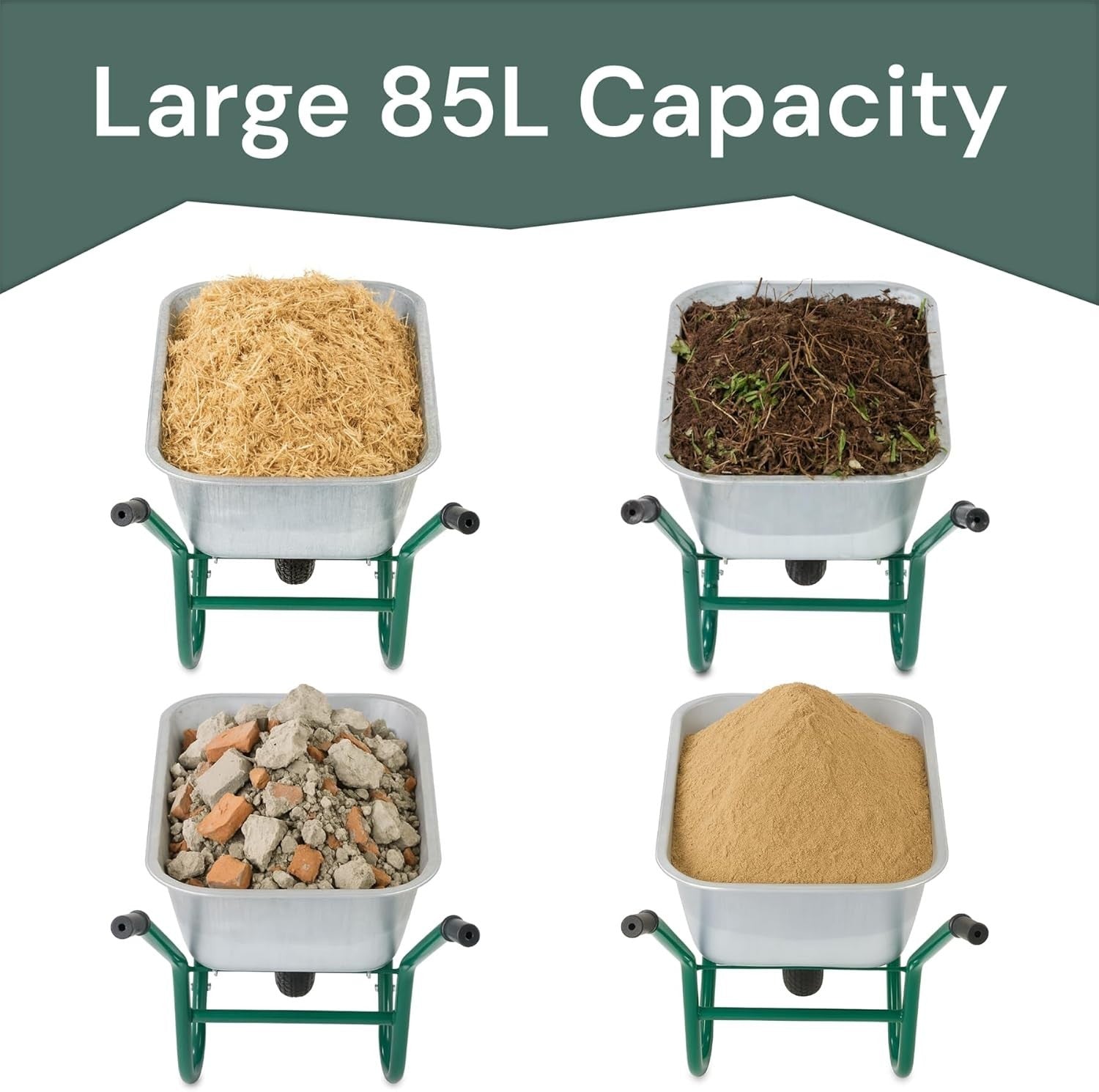 85L Wheelbarrow Green – Galvanised Steel w/ Pneumatic Tyre Heavy Duty Garden