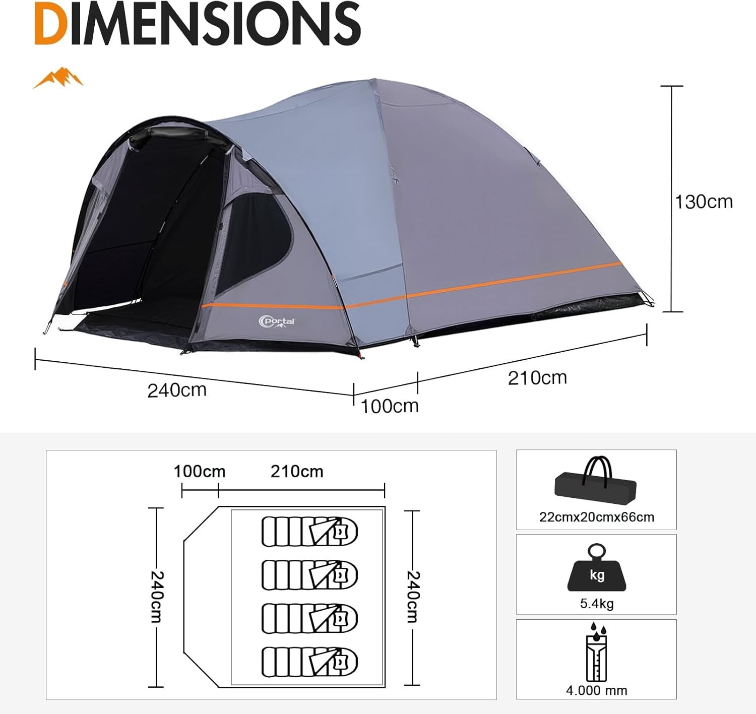 Portal 3-4 Person Blackout Camping Tent Waterproof Dome with Porch