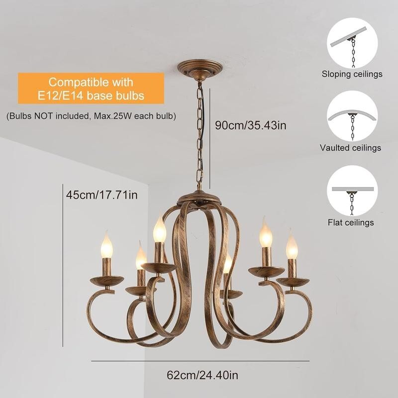 Rustic 6-Light Bronze Chandelier Pendant Ceiling Light E14 Farmhouse Retro