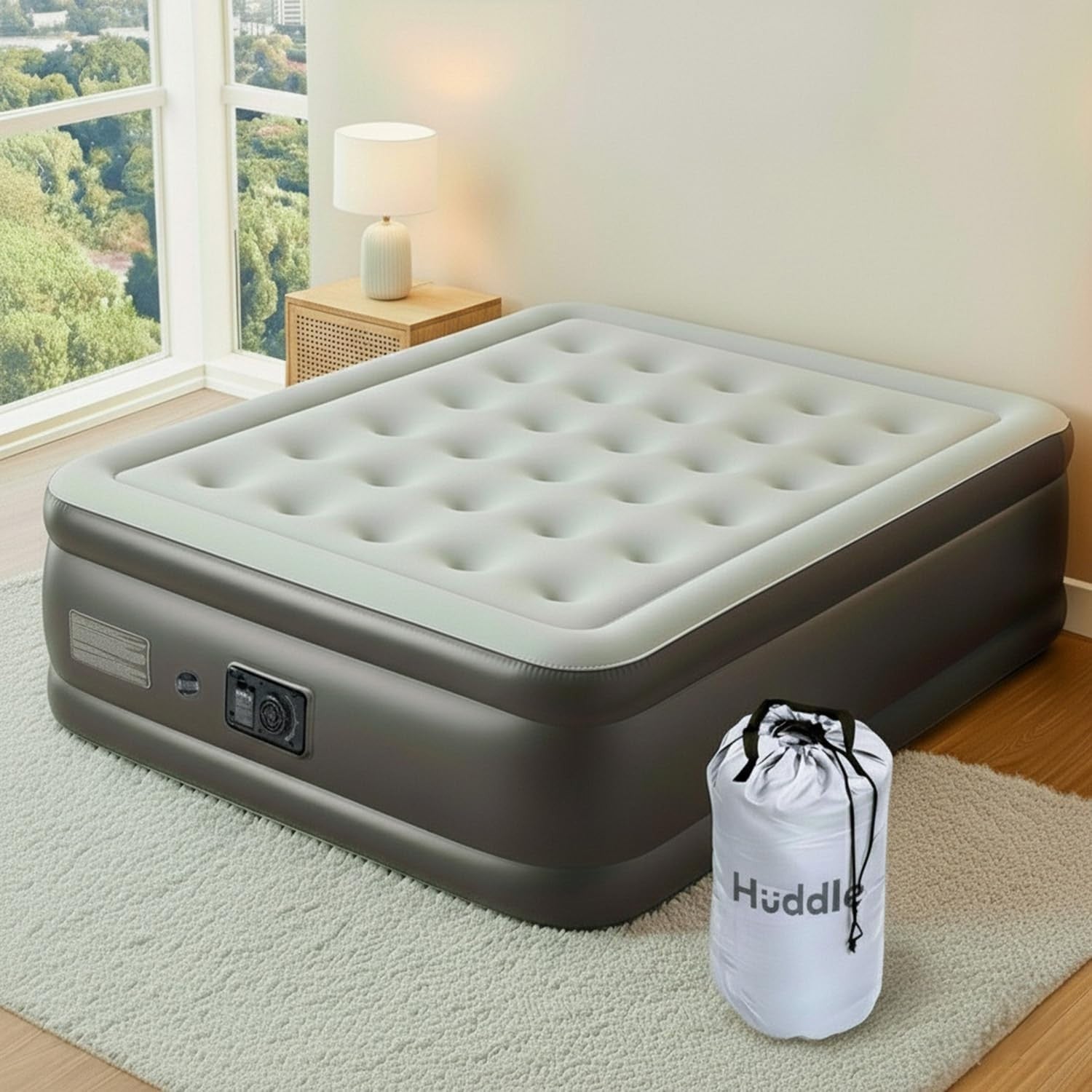 Double Air Bed with Built-In Pump Quick Inflate Flocked Top for Guests & Camping
