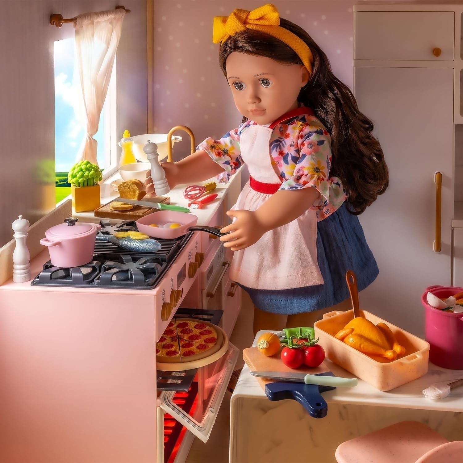 18 Inch Doll Oven Playset w/ Lights Sounds Pretend Food Kitchen