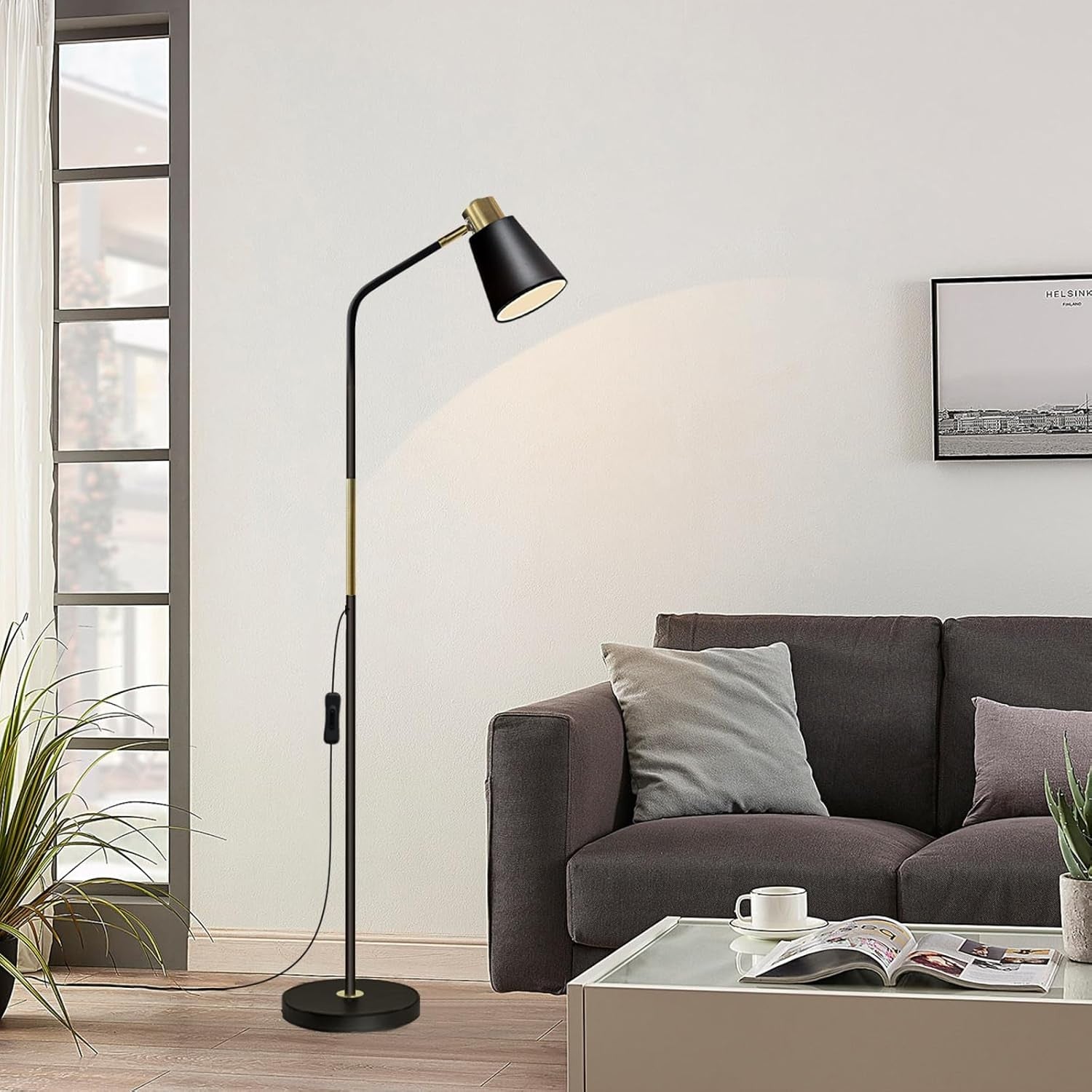 Industrial Floor Lamp Adjustable Metal Head Standing Reading Light Black