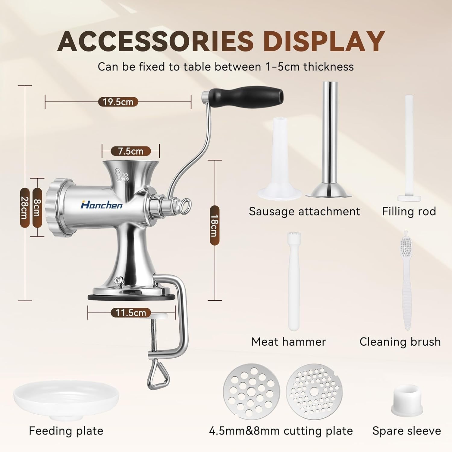 Stainless Steel Manual Meat Grinder Sausage Maker 4.5mm 8mm Plates