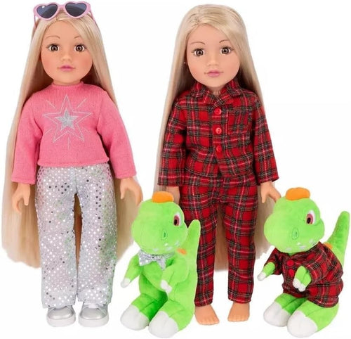 18in Doll Gift Set Two Outfits Plush Dinosaur Pajamas Sparkle Pants