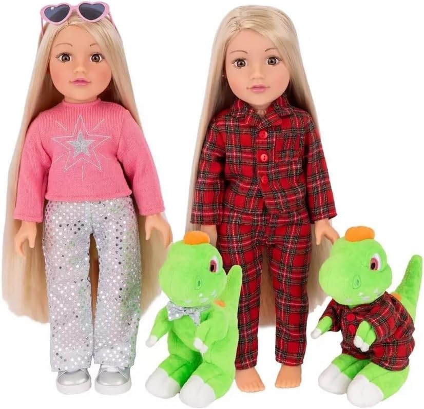 18in Doll Gift Set Two Outfits Plush Dinosaur Pajamas Sparkle Pants