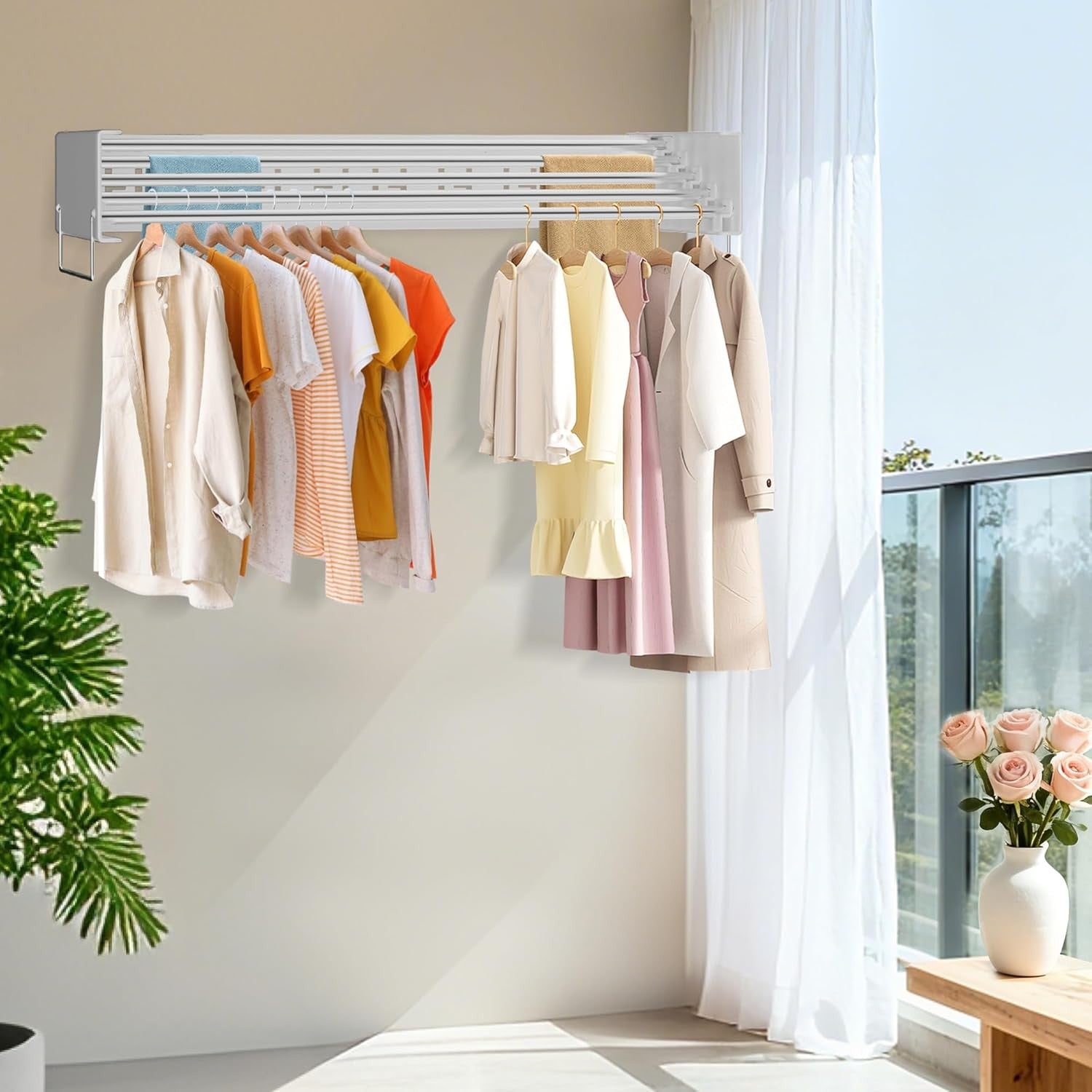 Wall Mounted Retractable Clothes Airer Folding Drying Rack Space Saving
