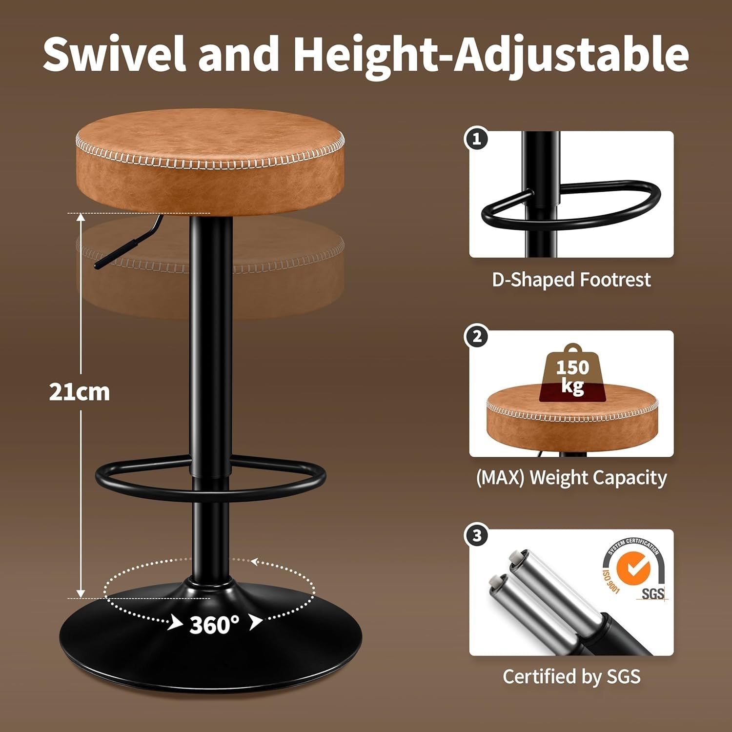 2PCS Brown Adjustable Swivel Bar Stools 36cm Round Kitchen Chairs