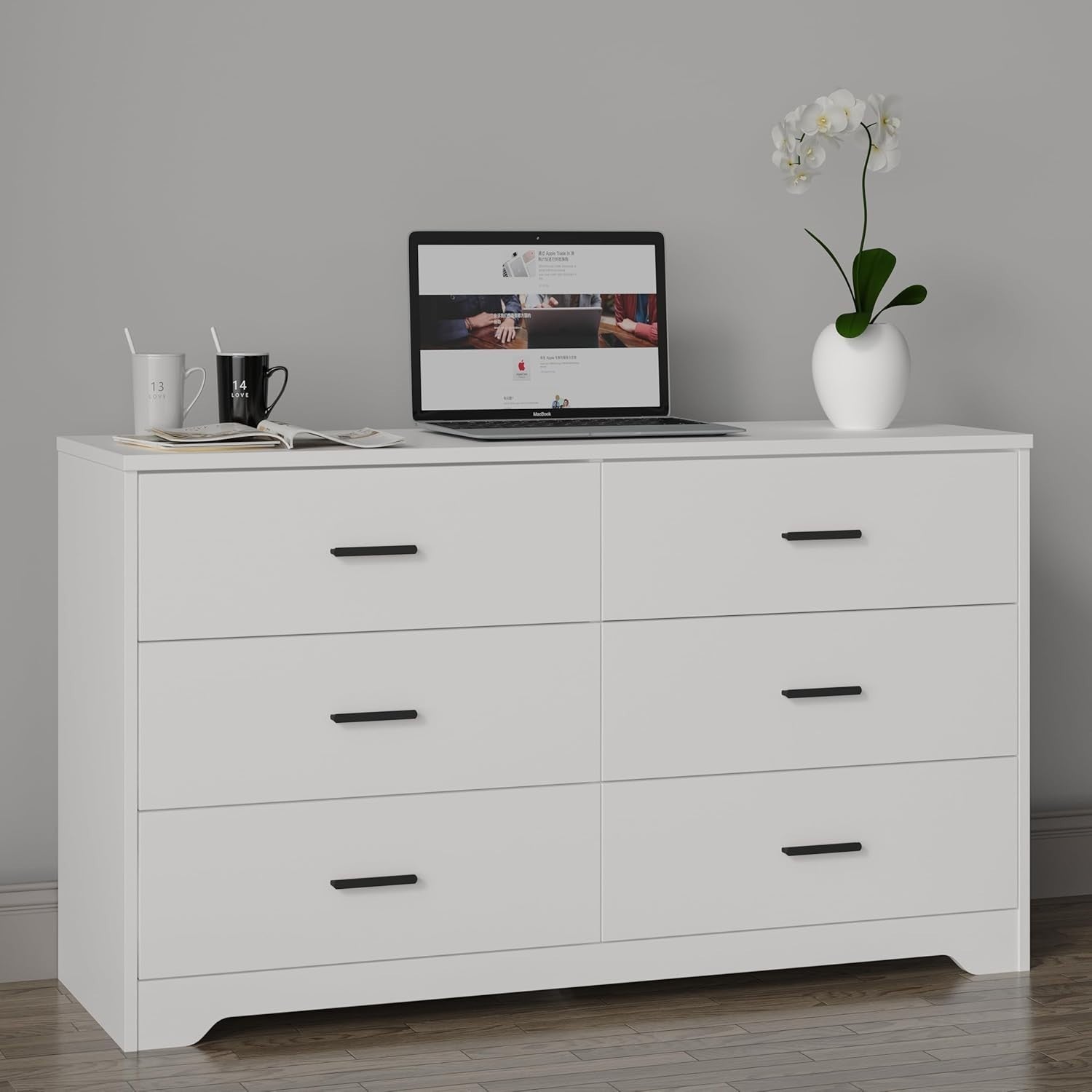 6 Drawer White Wooden Chest Storage Cabinet Bedroom Organizer with Handles