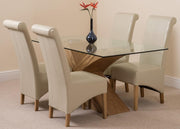 160x90cm Oak Glass Dining Table & 4 Ivory Leather Chairs - Modern Set