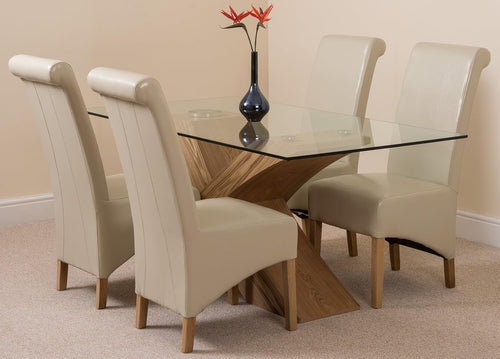160x90cm Oak Glass Dining Table & 4 Ivory Leather Chairs - Modern Set