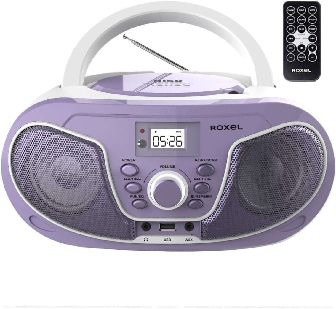 Purple Portable Boombox CD Player Bluetooth FM Radio USB AUX Remote