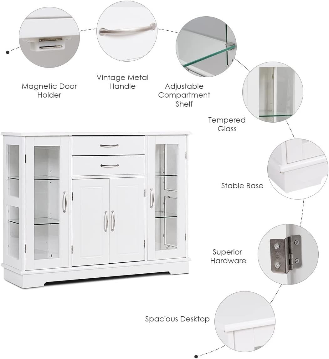 White Kitchen Sideboard 81cm Buffet Cabinet 2 Drawers 5 Adjustable Shelves