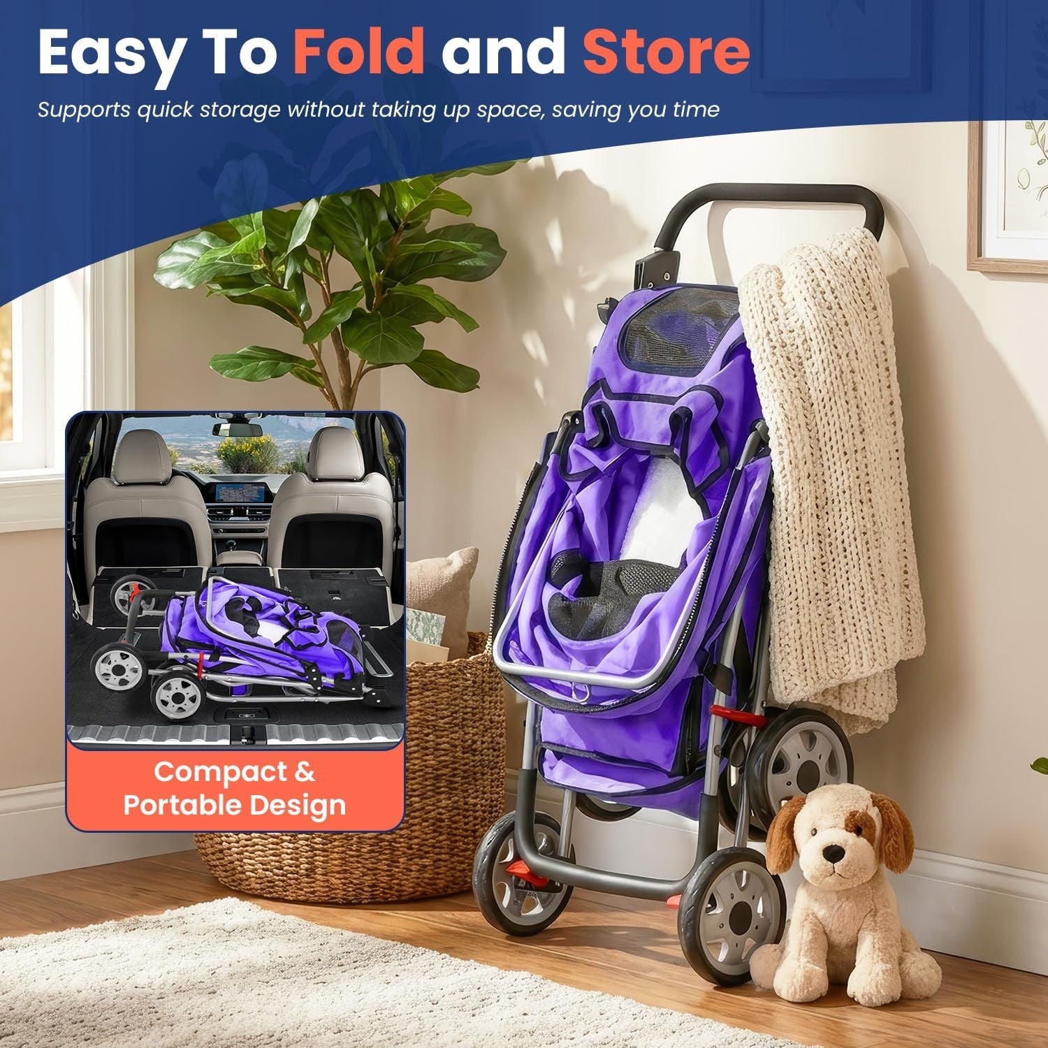 Pet Stroller Dog Cat Pushchair 4 Wheel Foldable Travel Carrier Mesh Purple