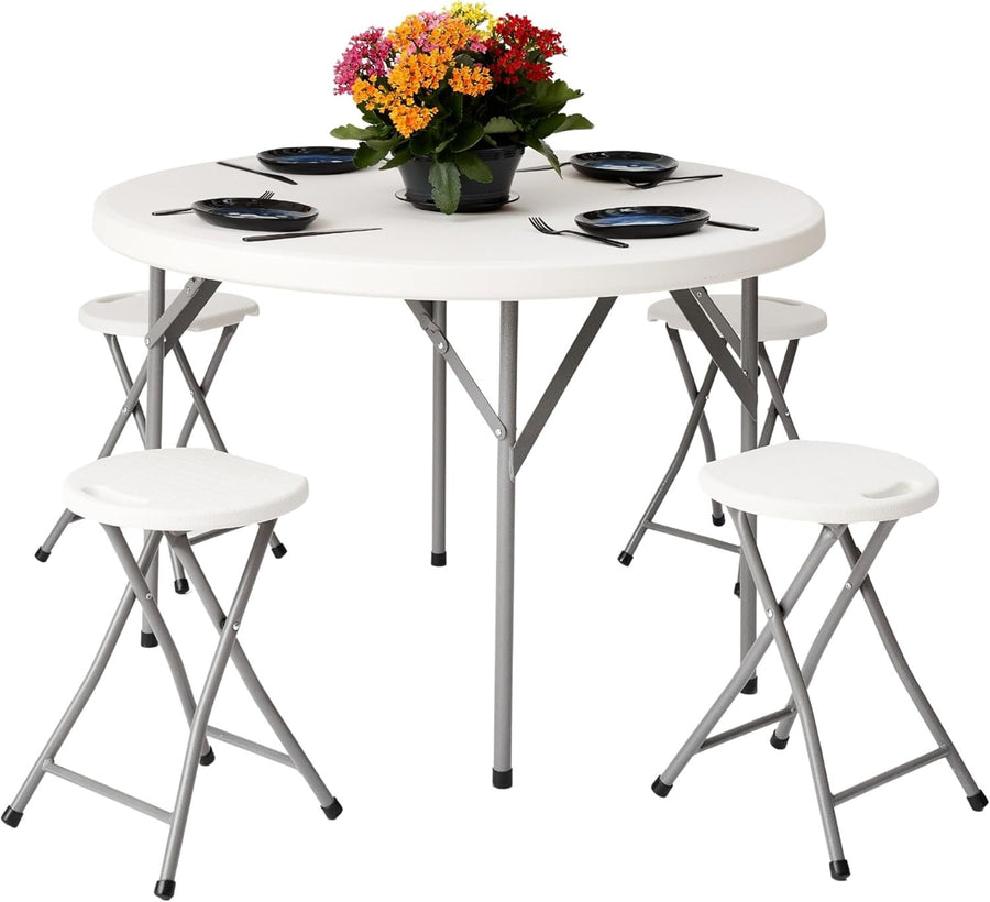 Round Folding Table & 4 Stools Set Outdoor Kitchen BBQ Garden Camping