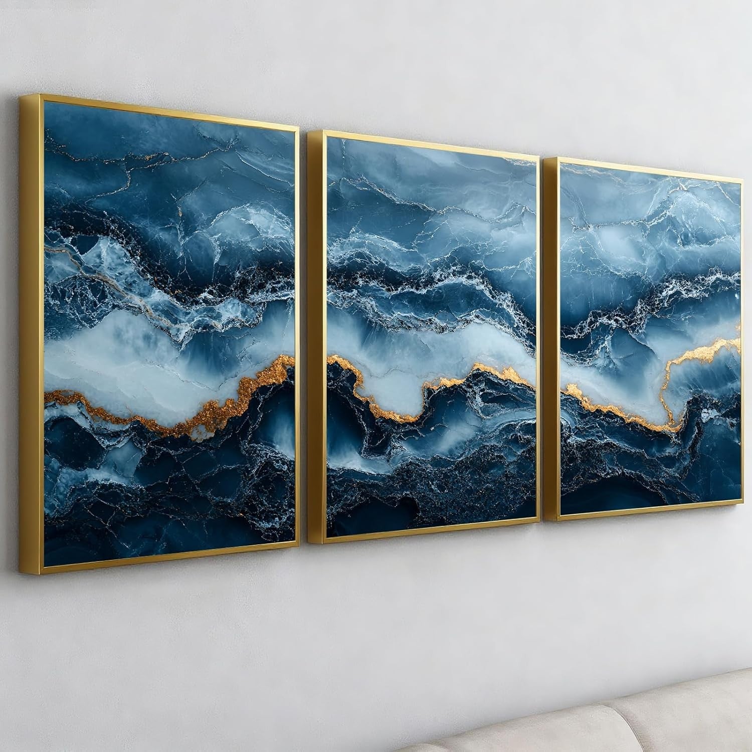 Modern Abstract Wall Art Set of 3 Navy Blue Gold Framed Prints 12x16