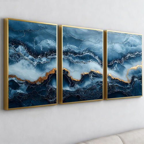 Modern Abstract Wall Art Set of 3 Navy Blue Gold Framed Prints 12x16