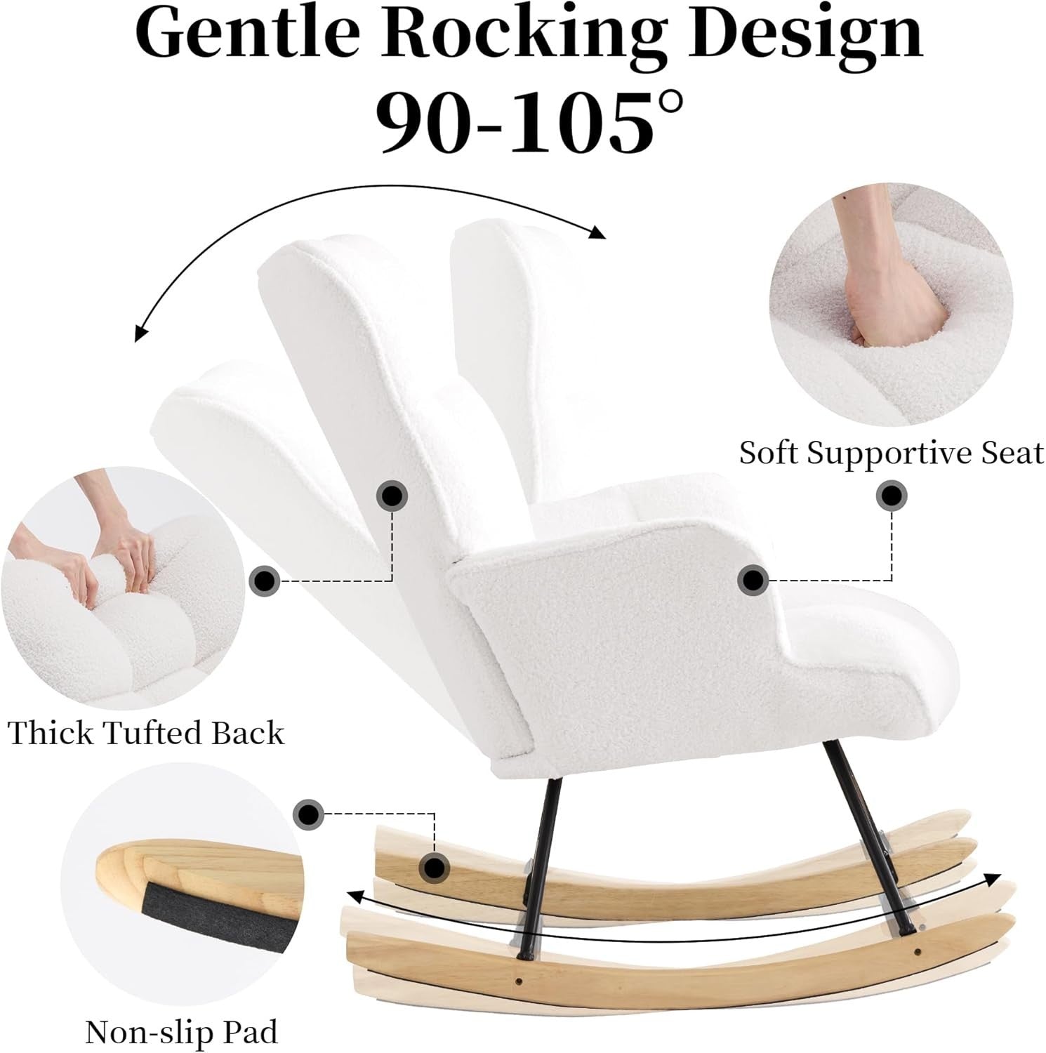 Teddy Rocking Chair for Nursery Glider Armchair Comfy Tufted Back White